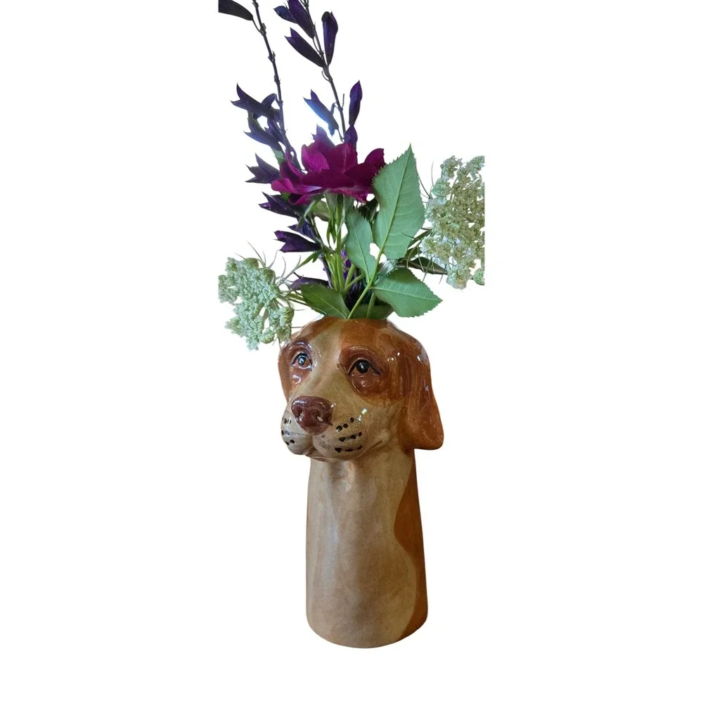 Kitschy Ceramic Hound Dog Bud Vase Hand Painted Glossy Glaze Brown Tan 7 Inch
